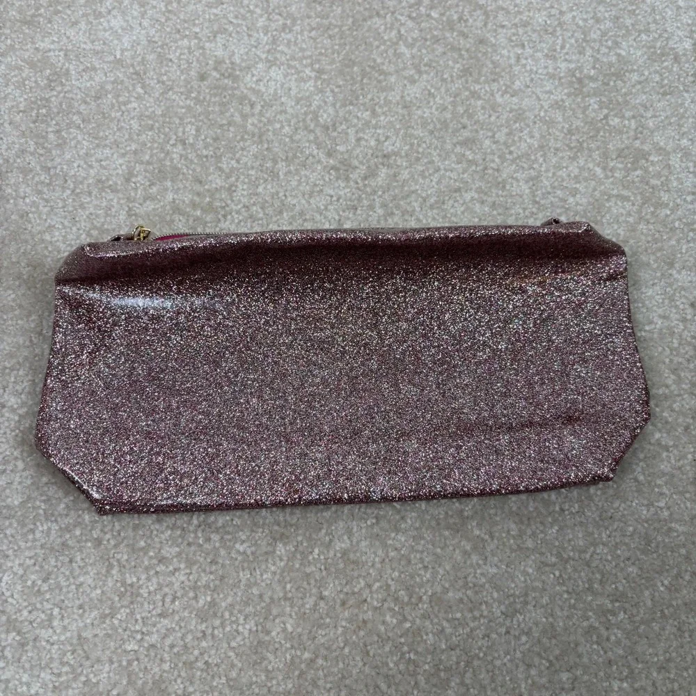 Lancome Glitter Cosmetic Bag Pouch Pink Rose Gold Zipper Makeup Organizer Travel